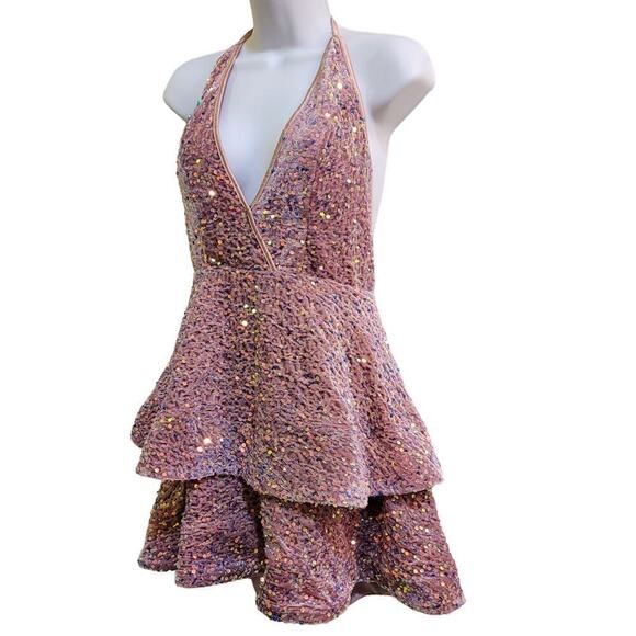 Sequin Halter Neck Midi Dress - Pink - Picture 2 of 6